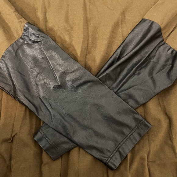 Olive Green Mini Dress with Faux Leather Sleeves and Trim, size small - Picture 5 of 5